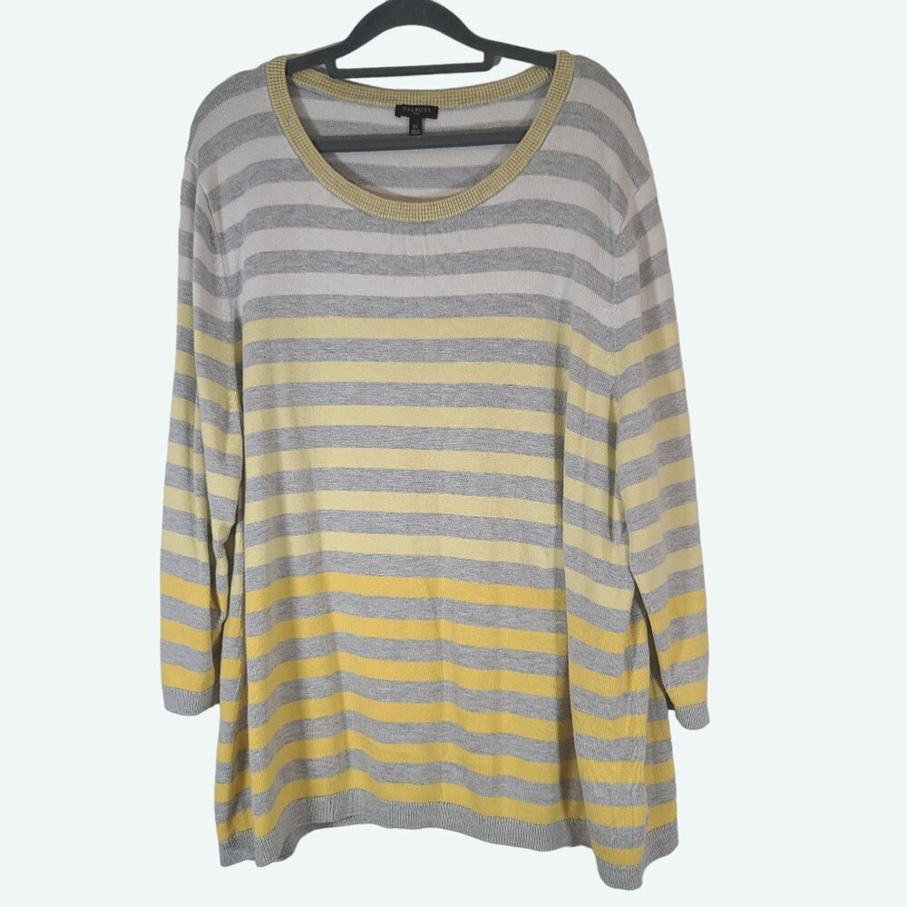 Talbots Plus Cotton Blend Yellow Gray Cream Stripe Round‎ Neck Sweater Size 3X